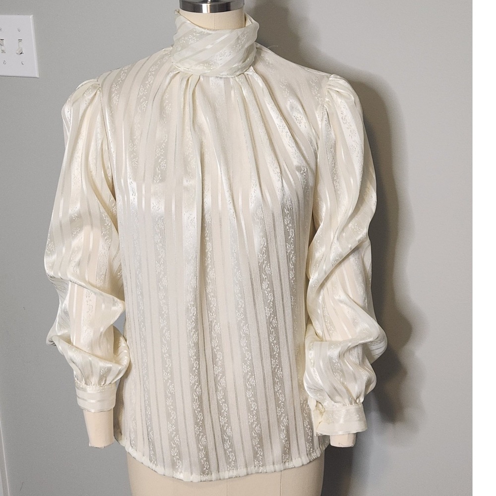 Gailord Blouse Women 8 Cream Excellent Vintage 80s Mock Neck Floral Stripe Pleat